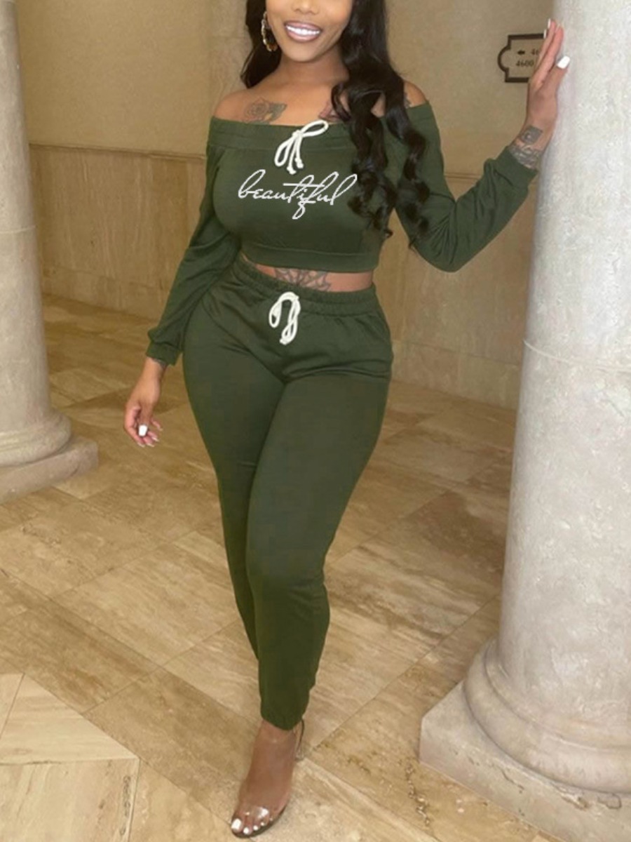 

LW Off The Shoulder Letter Print Pants Set, Green