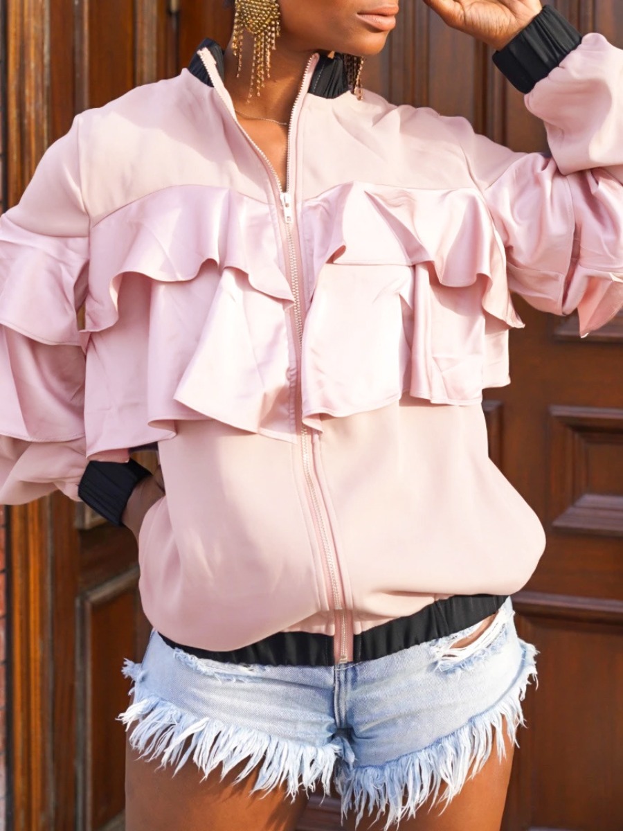 

LW Zip Up Pocket Ruffle Tiered Layer Jacket, Pink