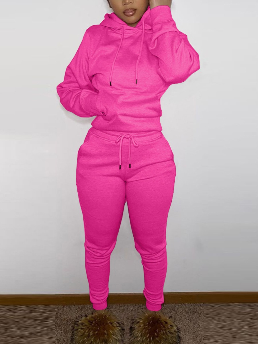 

LW BASICS Kangaroo Pocket Drawstring Tracksuit Set, Rose red