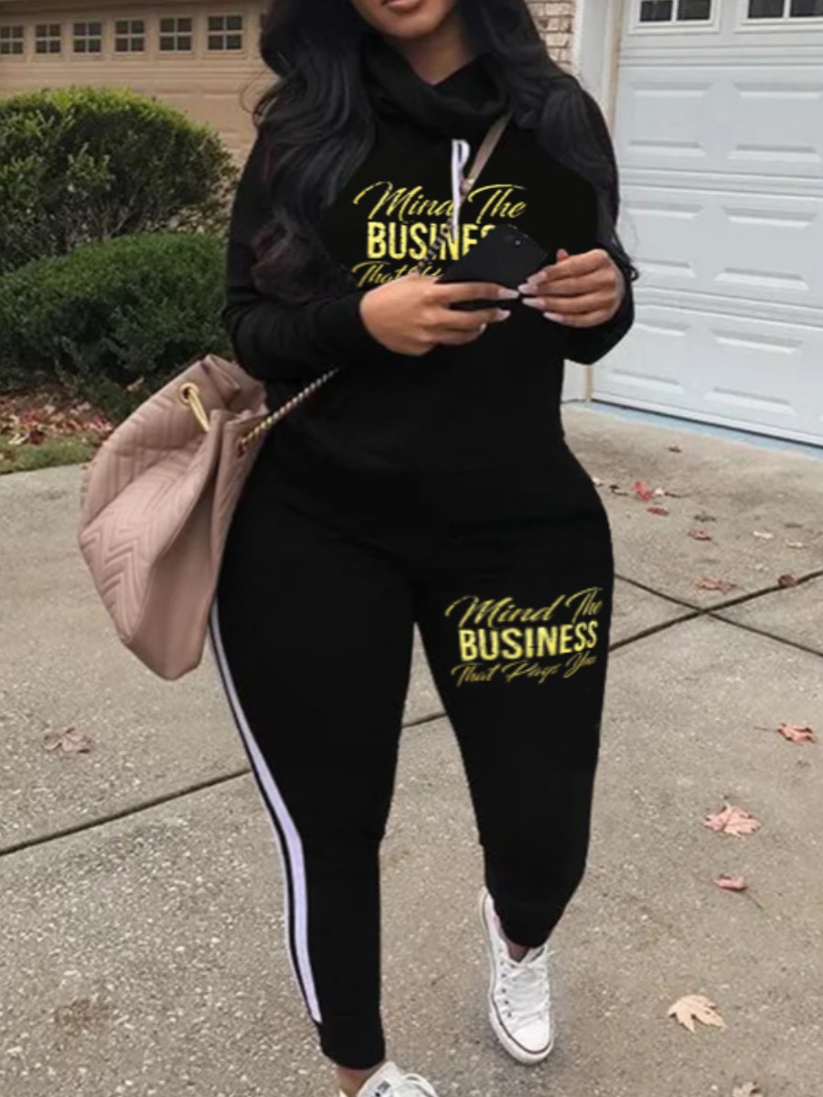 

LW Plus Size Letter Print Striped Tracksuit Set, Black