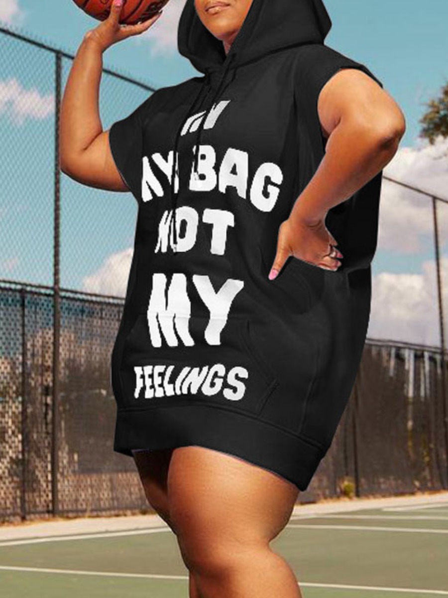 

LW Plus Size Letter Print Kangaroo Pocket Sweat Dress, Black