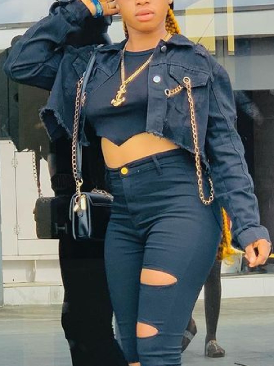 

LW Raw Edge Chain Decor Crop Top Denim Jacket, Black