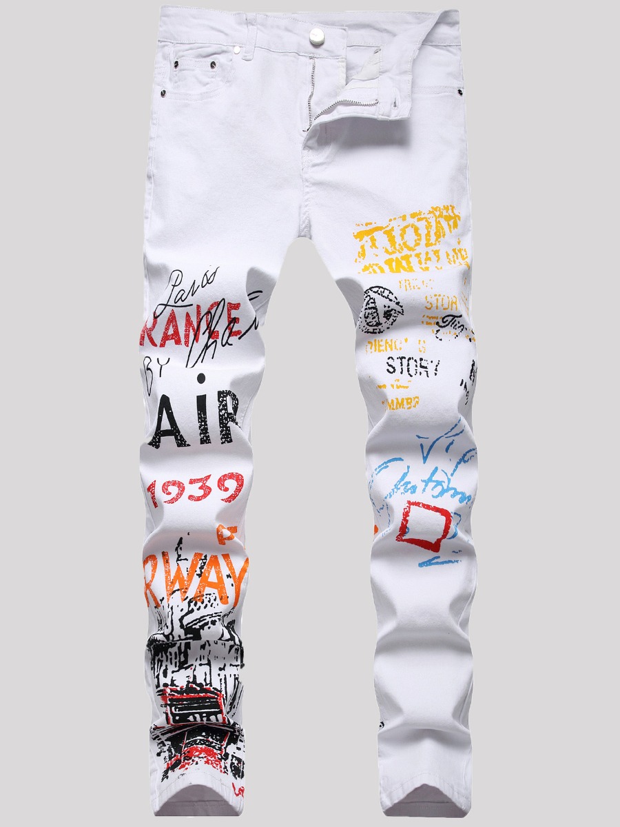 

LW Men High Stretchy Letter Graffiti Print Skinny Jeans, White