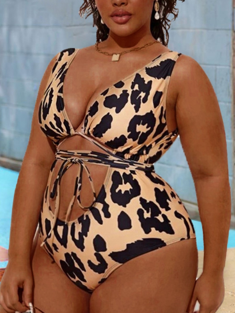 

LW Plus Size Leopard Print Bandage Design One-piece Swimsuit