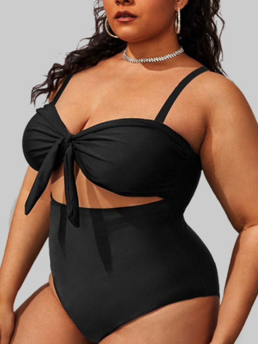 

LW Plus Size Bandage Hollow-out Design One-piece Swimsuit, Black