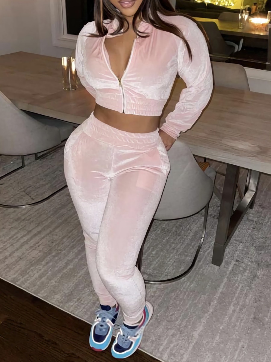 

LW Zipper Design Crop Top Set, Pink
