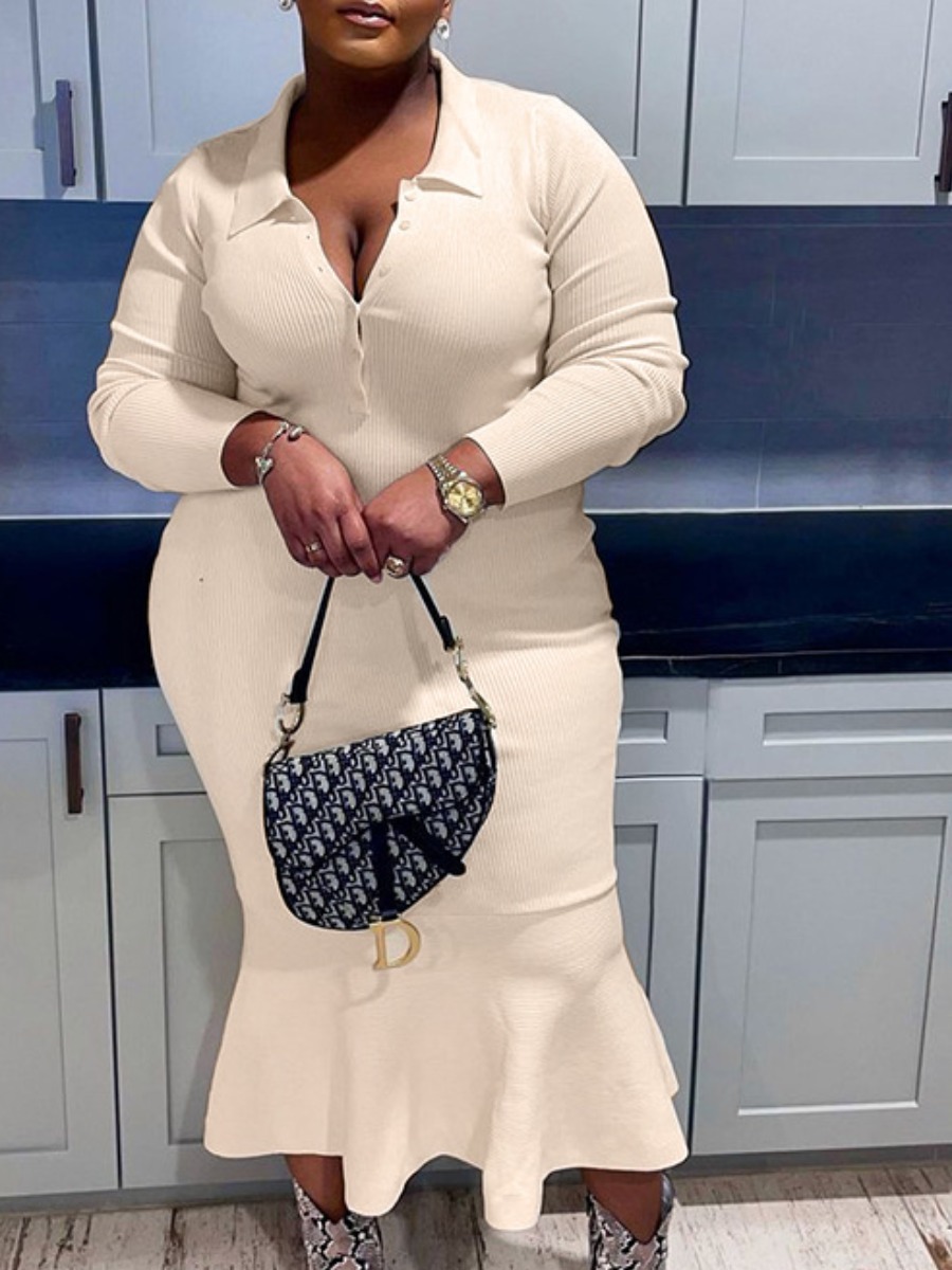 

LW Plus Size Button Up Ruffle Hem Dress, Beige