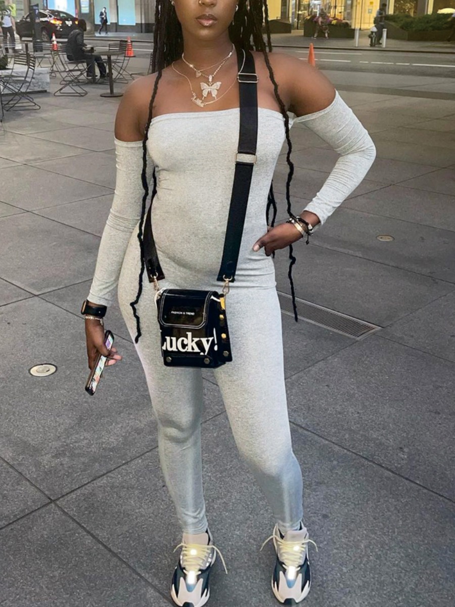 

LW BASICS Off The Shoulder Skinny Jumpsuit, Grey