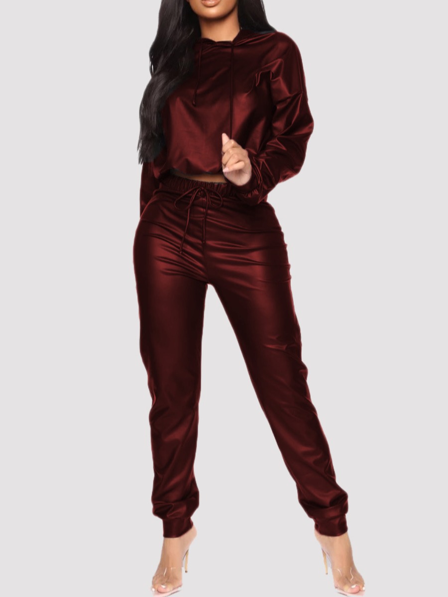 

LW Hooded Collar Drawstring Leather Pants Set, Wine red
