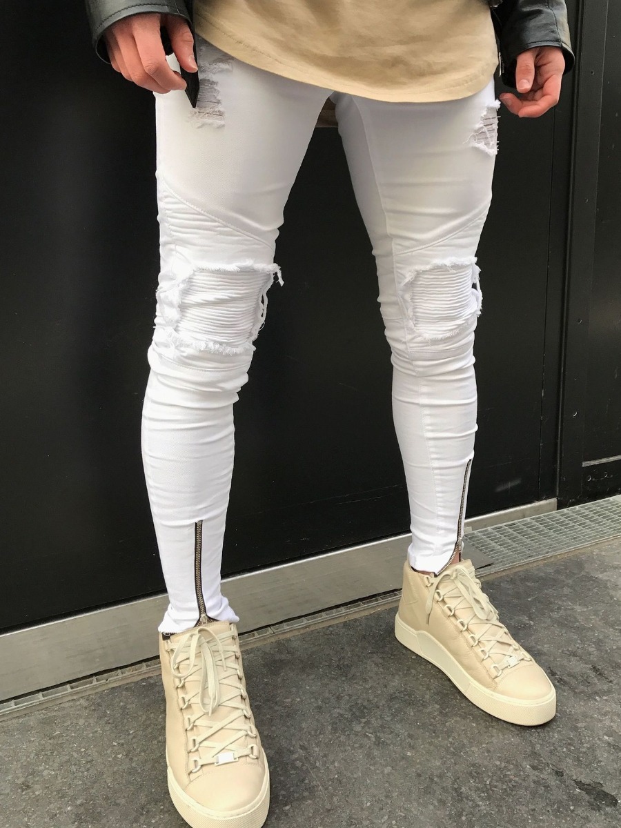 

LW Men Ripped Zipper Hem Skinny Jeans, White