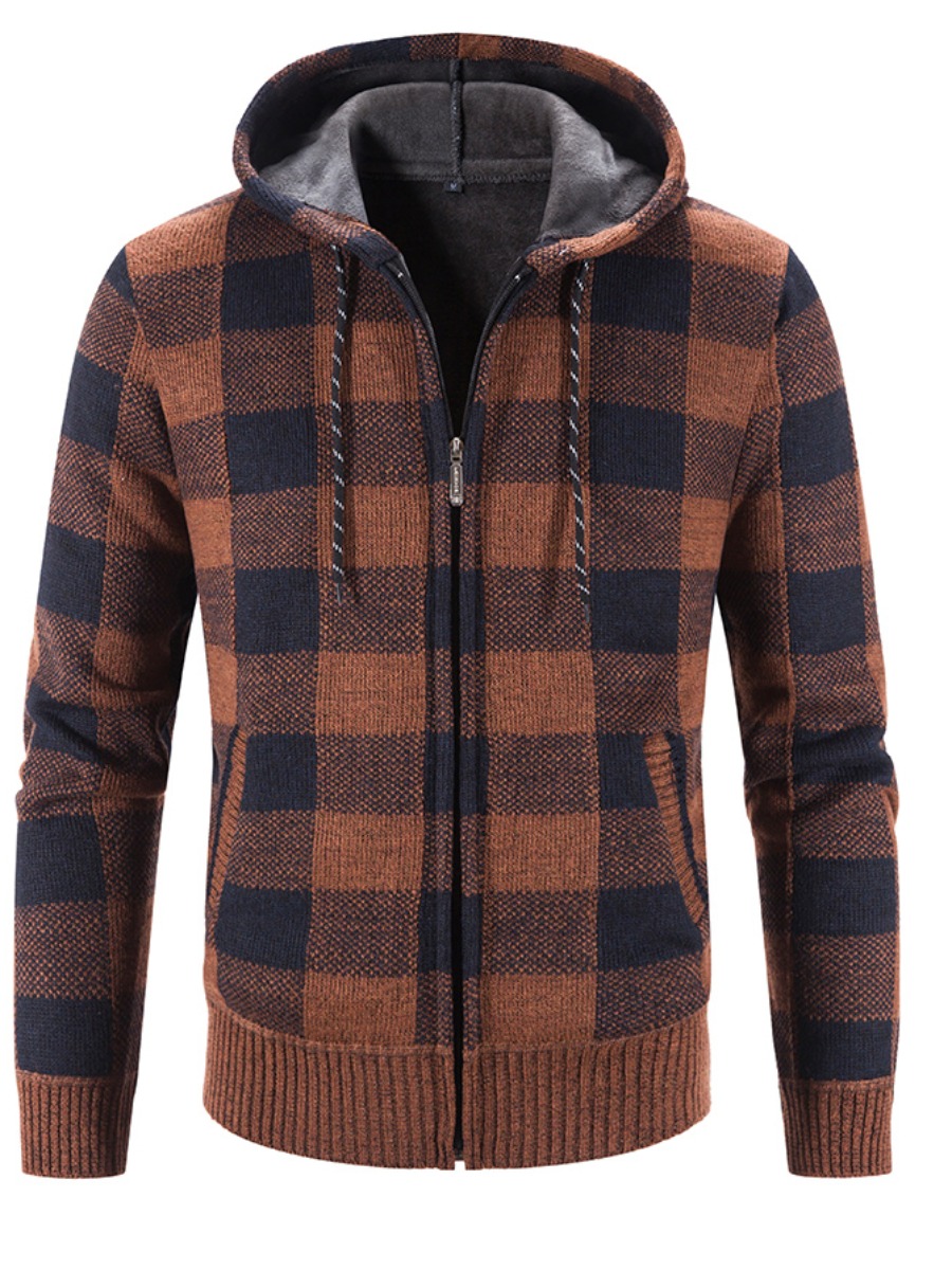 

LW COTTON Men Hooded Collar Plaid Print Sweater, Brown
