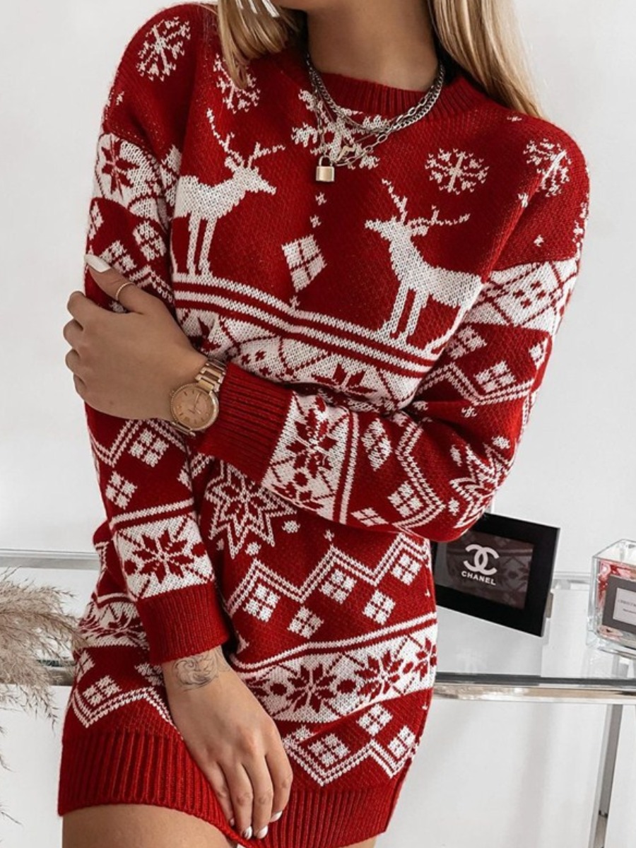 

LW Reindeer Snowflakes Pattern Sweater Dress, Red