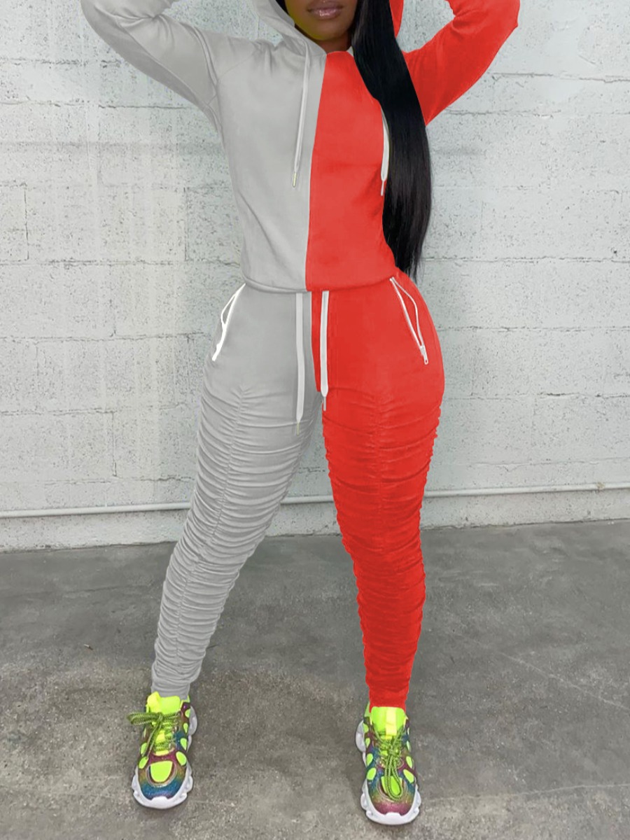 

LW Color Block Ruched Tracksuit Set, Bright red