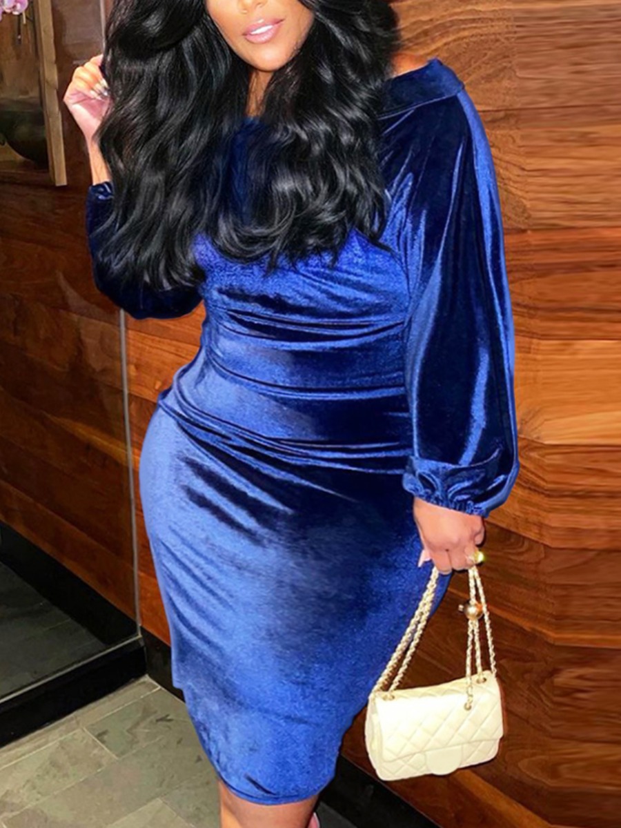 

LW Plus Size Velvet Boat Neck Bodycon Dress, Blue