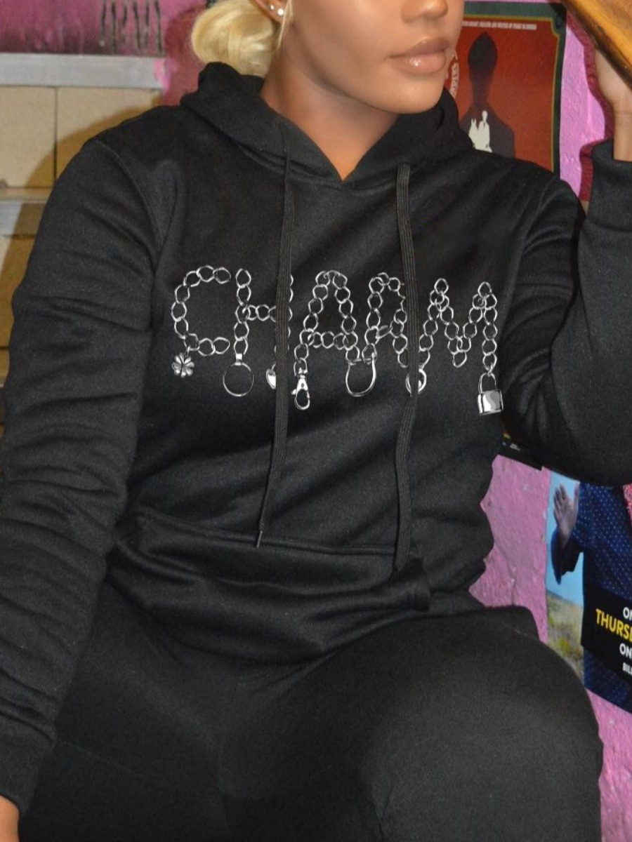 

LW Chain Print Kangaroo Pocket Hoodie, Black