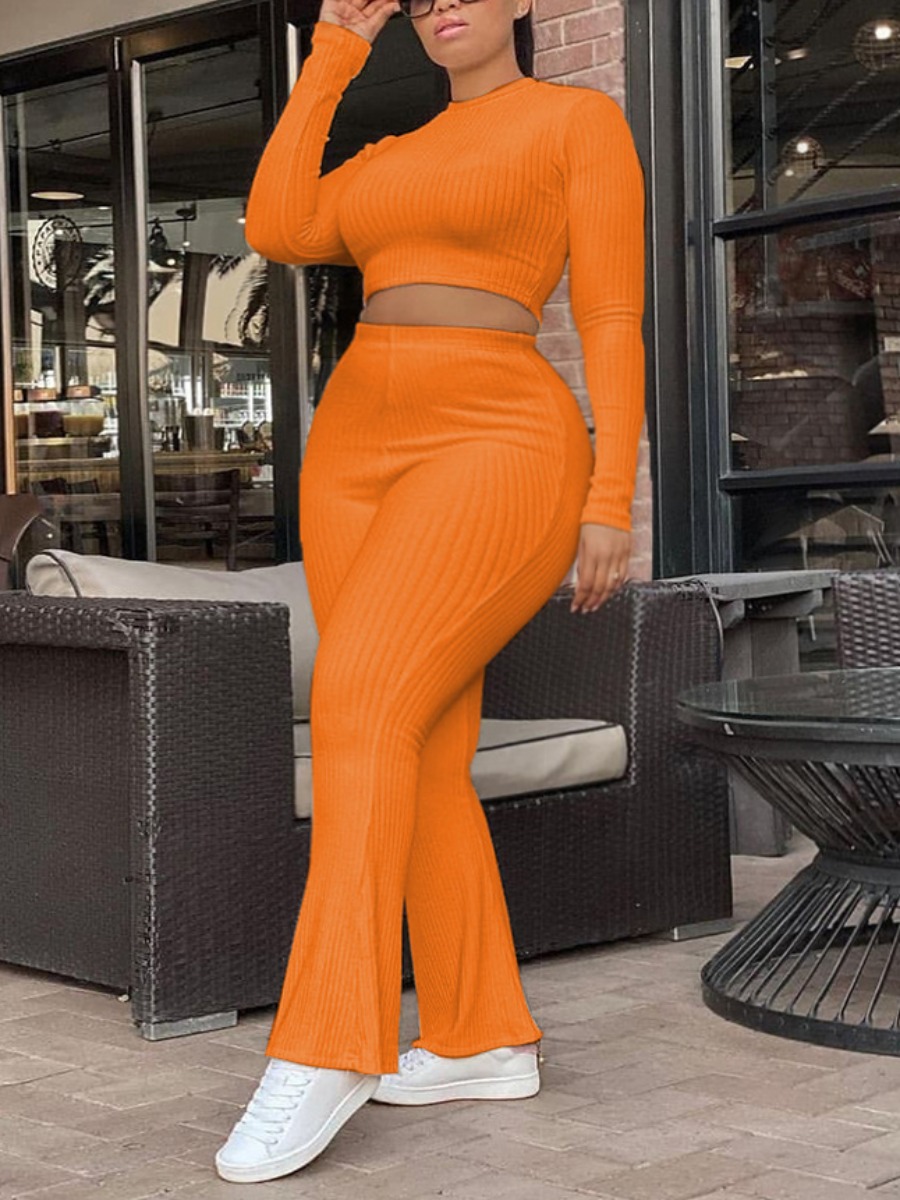 

LW BASICS Plus Size Rib-Knit Flared Pants Set, Orange