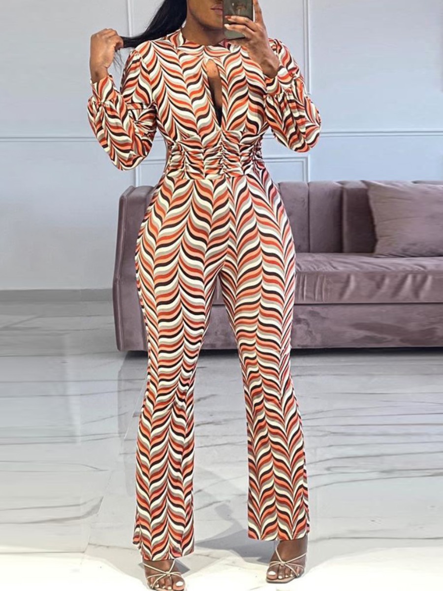 

LW Geometric Print Flared Jumpsuit, Orange