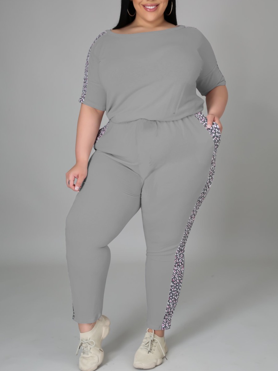 

LW Plus Size Side Flower Stripe Print Tracksuit Set, Grey