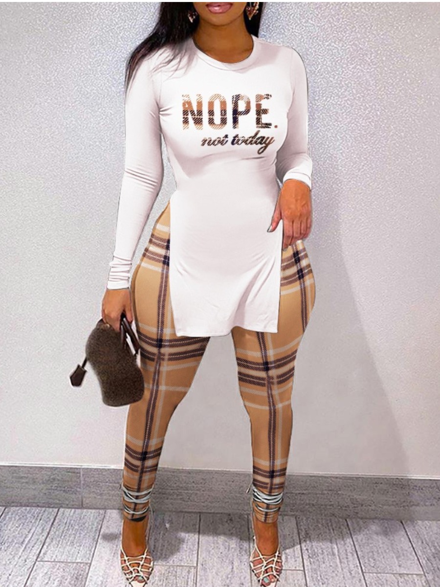 LW Plaid Letter Print Side Slit Pants Set