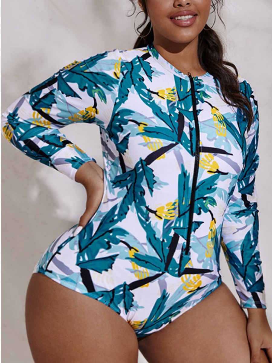 

LW Plus Size Leaf Print Zipper One-piece Swimsuit, Blue