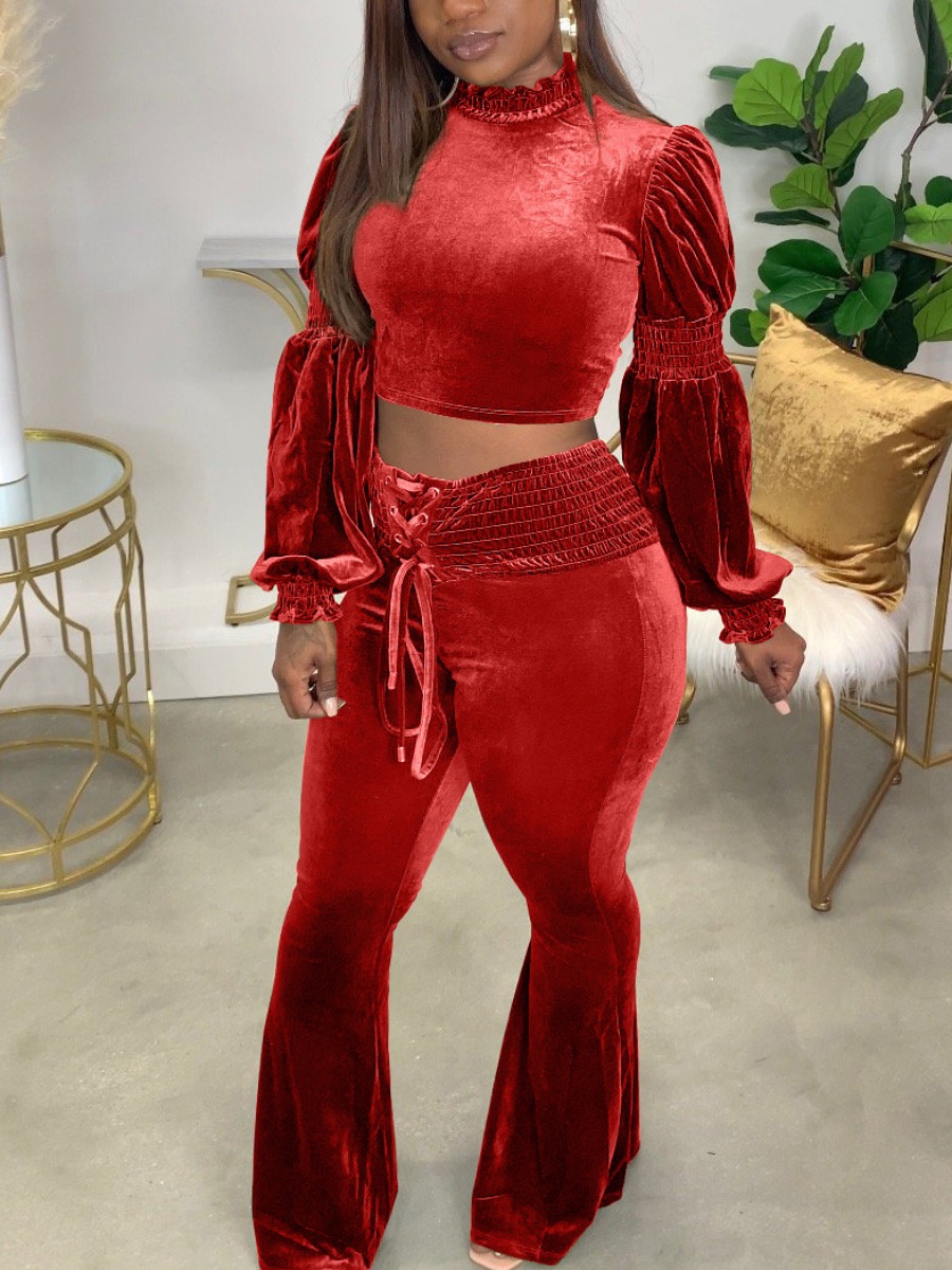 

LW Velvet Ruffle Design Flared Pants Set, Red