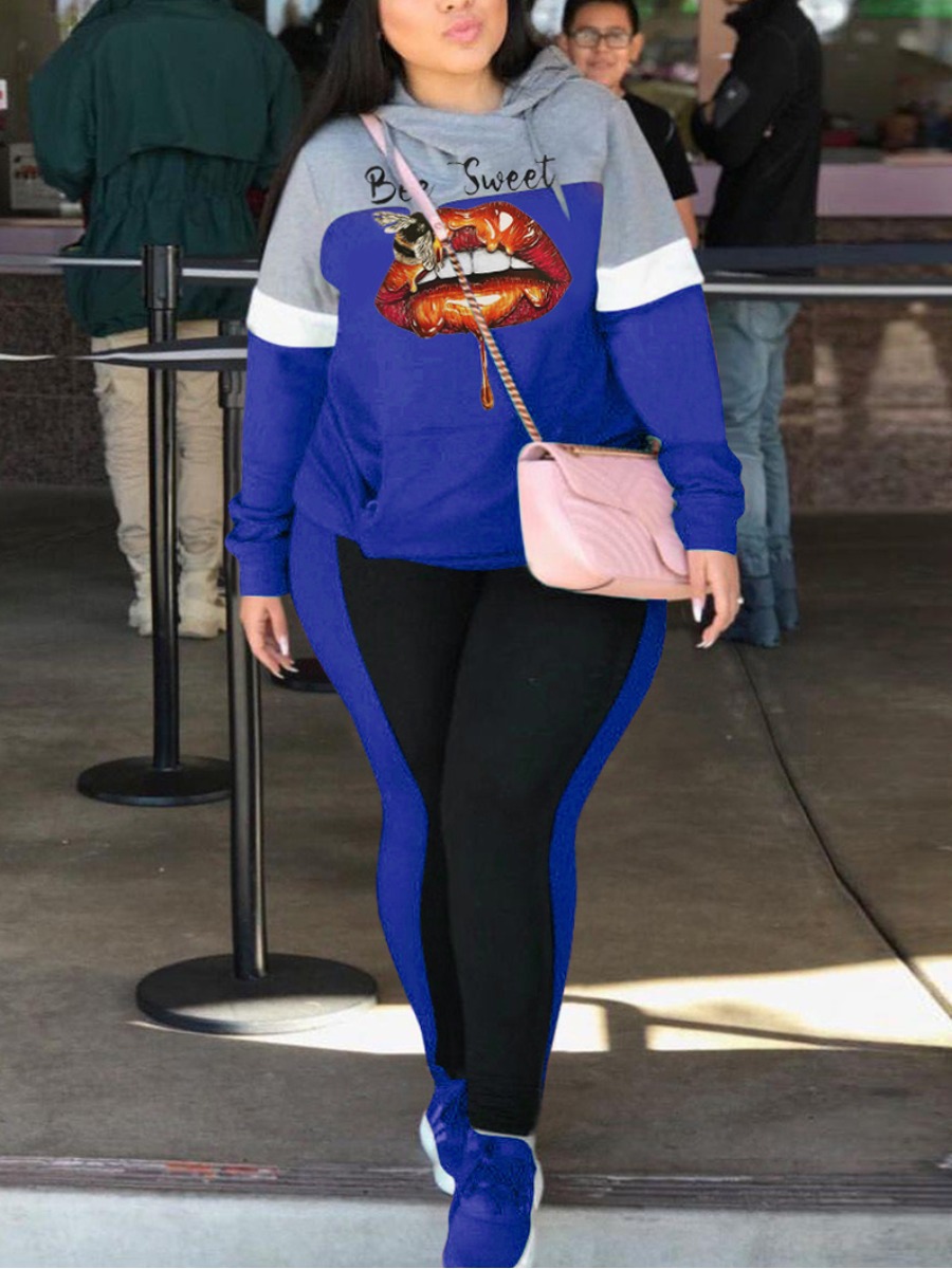

LW Plus Size Lip Letter Print Tracksuit Set, Blue