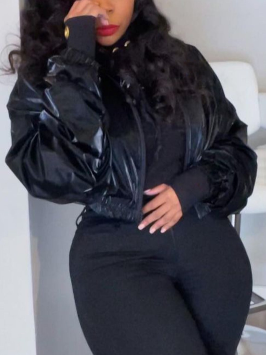 

LW Leather Ruched Puffer Jacket, Black