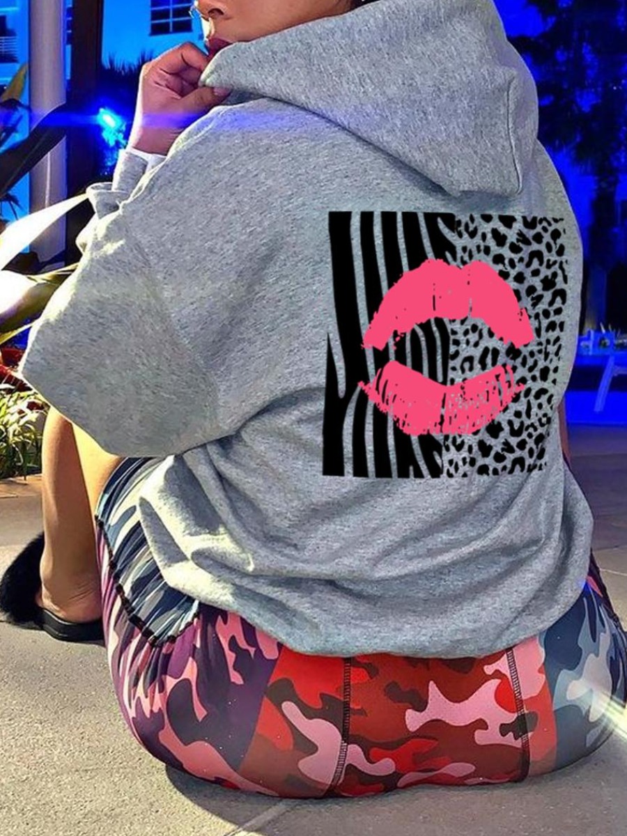 

LW Leopard Lip Print Hoodie, Grey