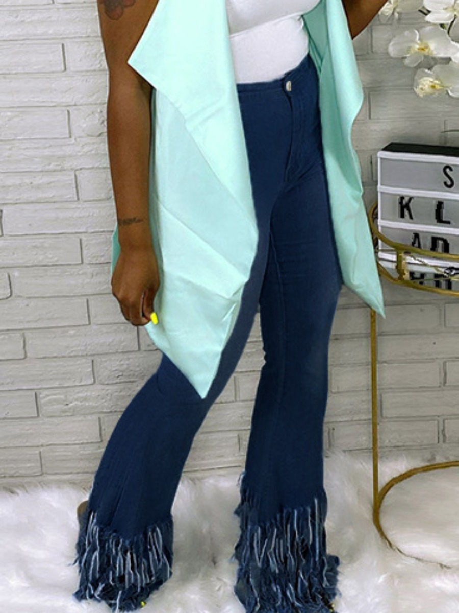 

LW High Stretchy Tassel Raw Edge Boot Cut Jeans, Deep blue