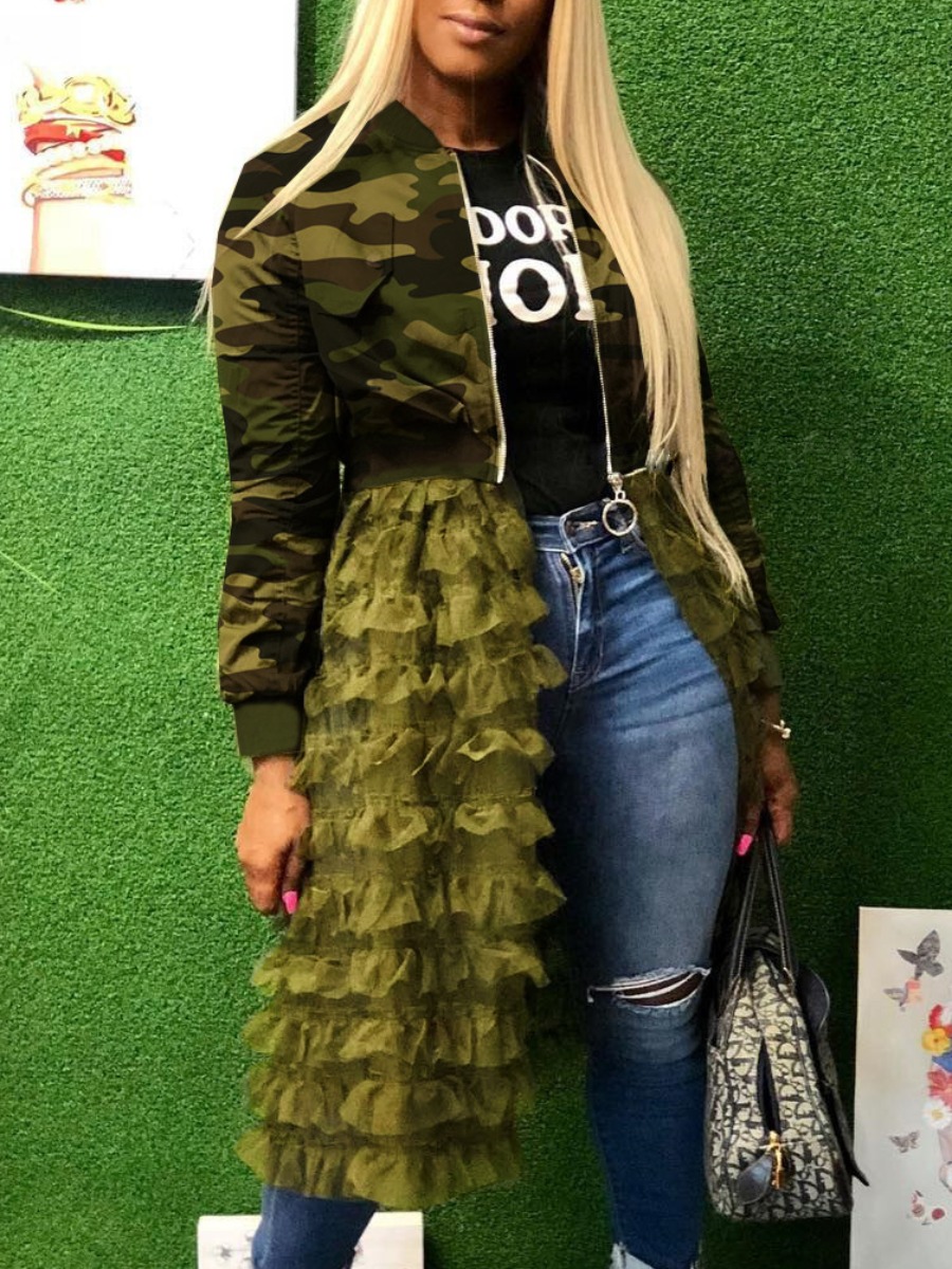 

LW Plus Size Camo Print Ruffle Design Coat, Army green camouflag