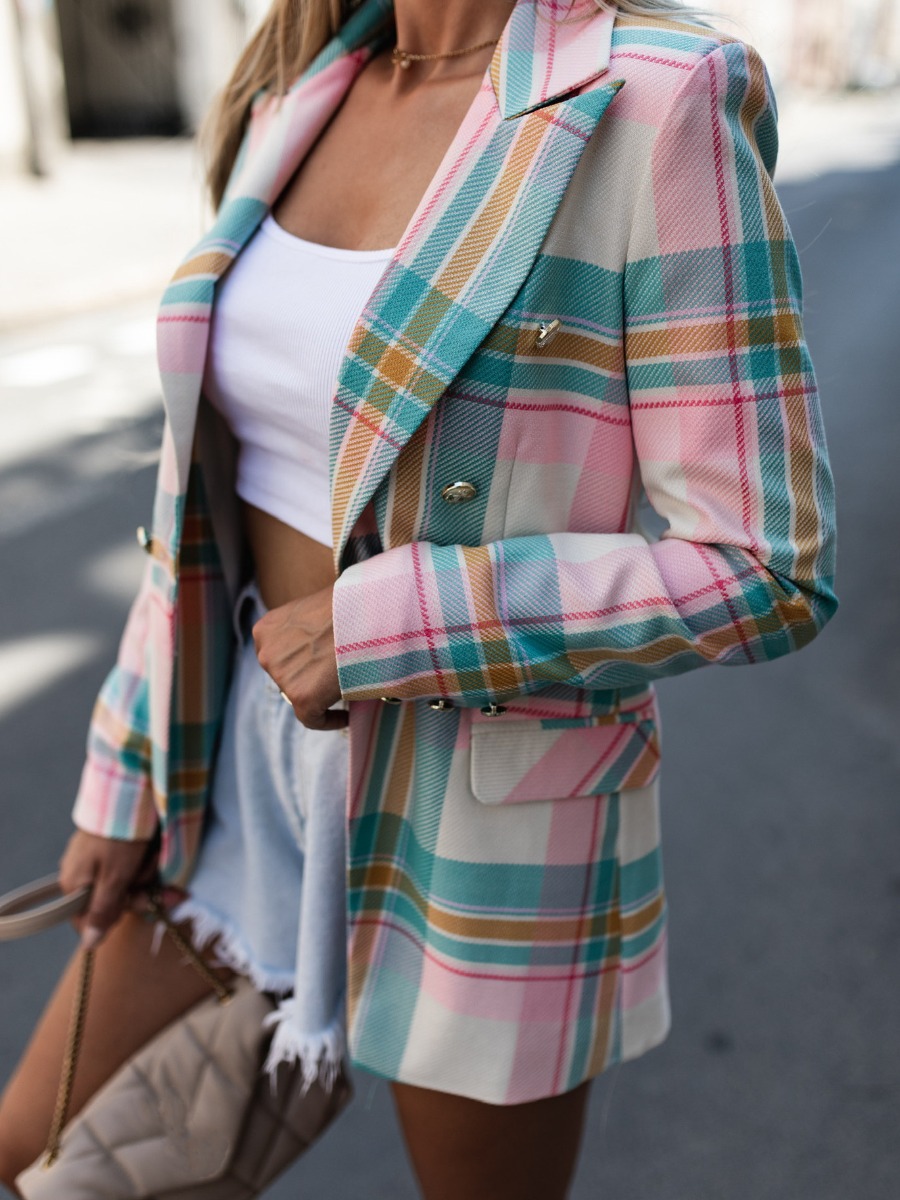 

LW Lapel Neck Plaid Loose Blazer, Pink