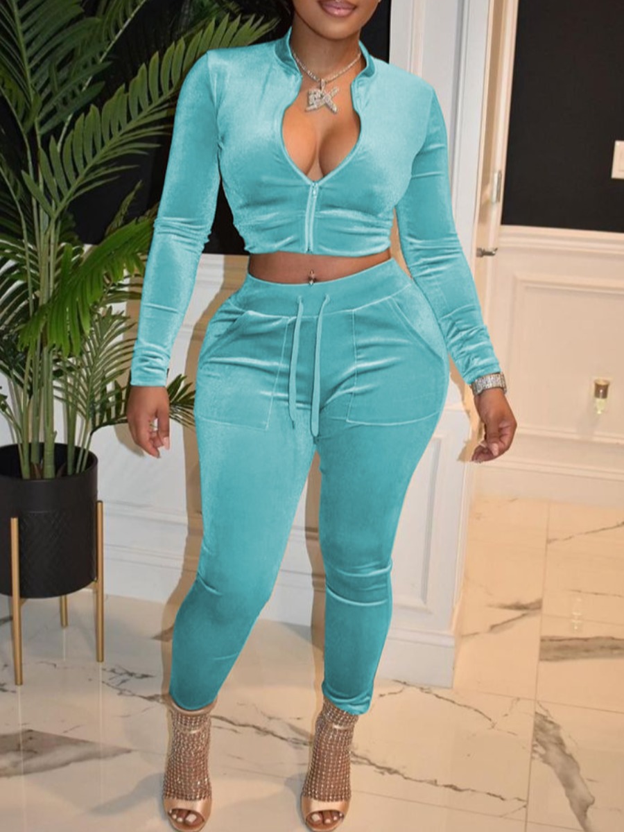 

LW Velvet Drawstring Tracksuit Set, Baby blue