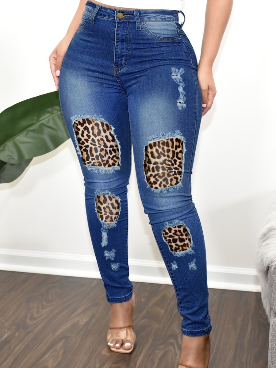

LW High Stretchy Leopard Print Ripped Jeans, Blue
