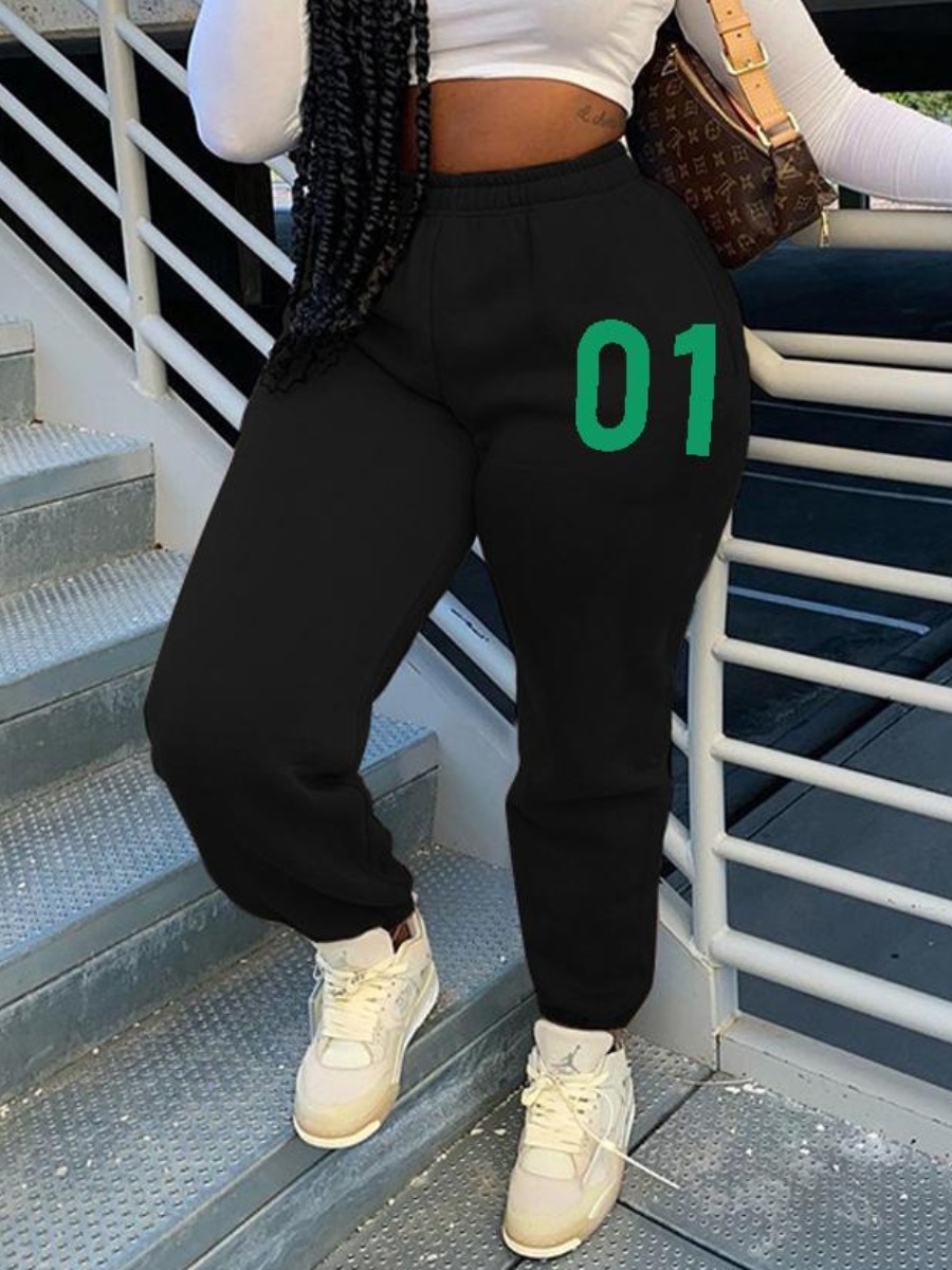 

LW Mid Waist Letter Print Sweatpants, Black