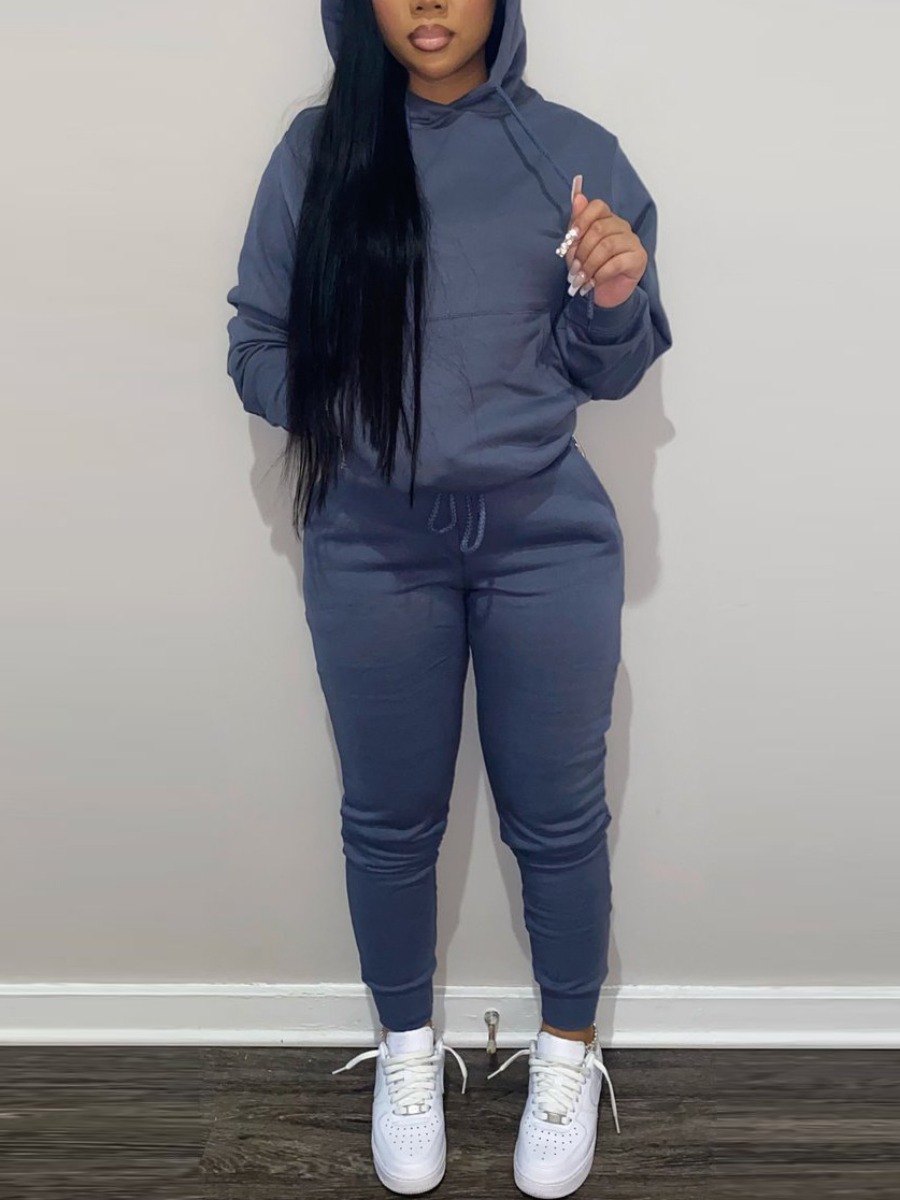 

LW BASICS Hooded Collar Drawstring Tracksuit Set, Dark blue