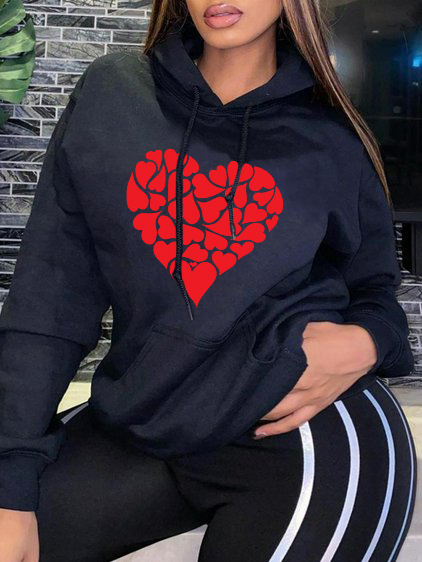 

LW Plus Size Kangaroo Pocket Heart Print Oversized Hoodie, Black