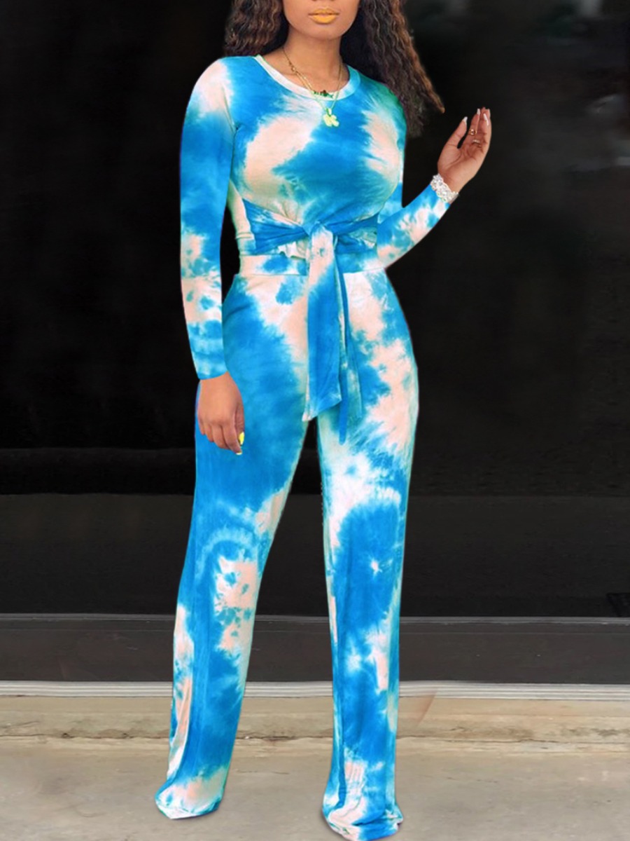 

LW Round Neck Tie-dye Pants Set, Baby blue