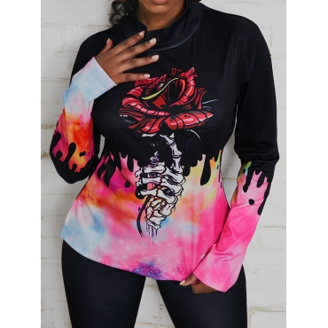 

LW Floral Skull Print Patchwork Pants Set, Black