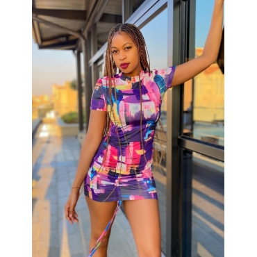 

LW Street Graffiti Print Ruched Drawstring Purple Mini Dress