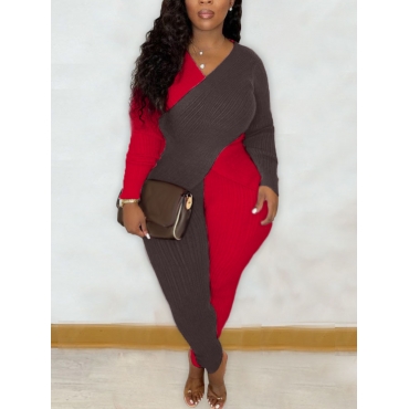 

LW SXY Plus Size V Neck Rib-Knit Pants Set, Red