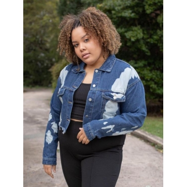 

LW Plus Size Ripped Raw Edge Denim Jacket (No Stretch), Deep blue