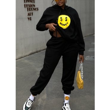 

LW BASICS Cartoon Letter Print Oversized Tracksuit Set, Black