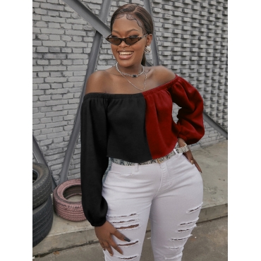 

LW Off The Shoulder Patchwork Sweatshirt, Red
