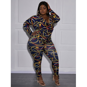 

LW Plus Size Chain Print Bandage Design Pants Set, Dark blue