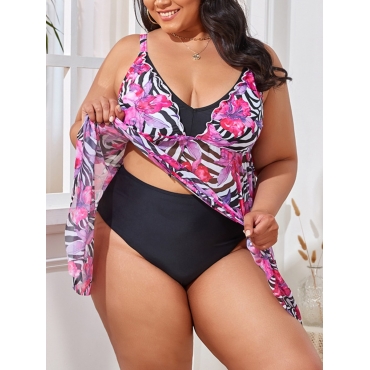 

LW Plus Size Floral Print Zebra Striped Tankini, Pink