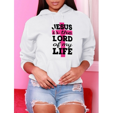 

LW Hooded Collar Letter Print Hoodie, White