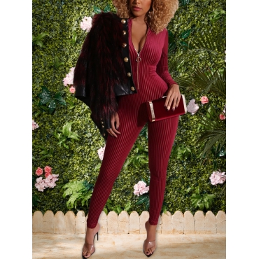 

LW BASICS Rib-Knit Zipper Design Jumpsuit, Wine red