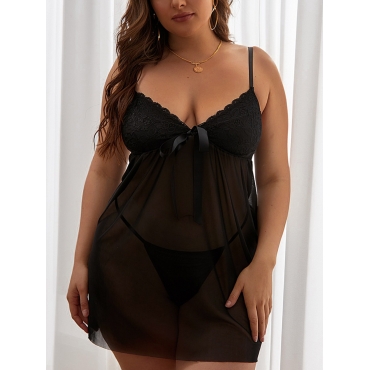 LW SXY Plus Size V Neck See-through Bow Detail Babydoll, Black