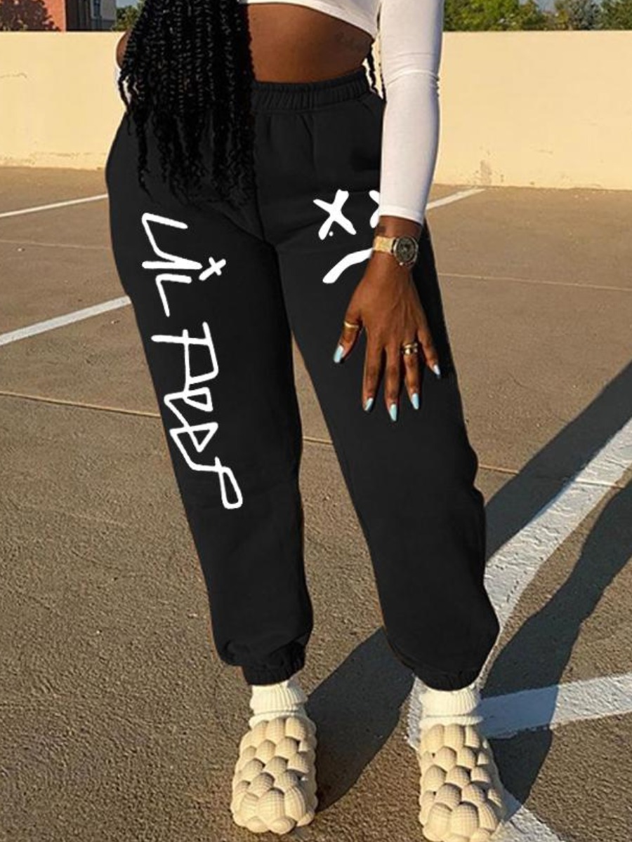 

LW Letter Print Drawstring Sweatpants, Black