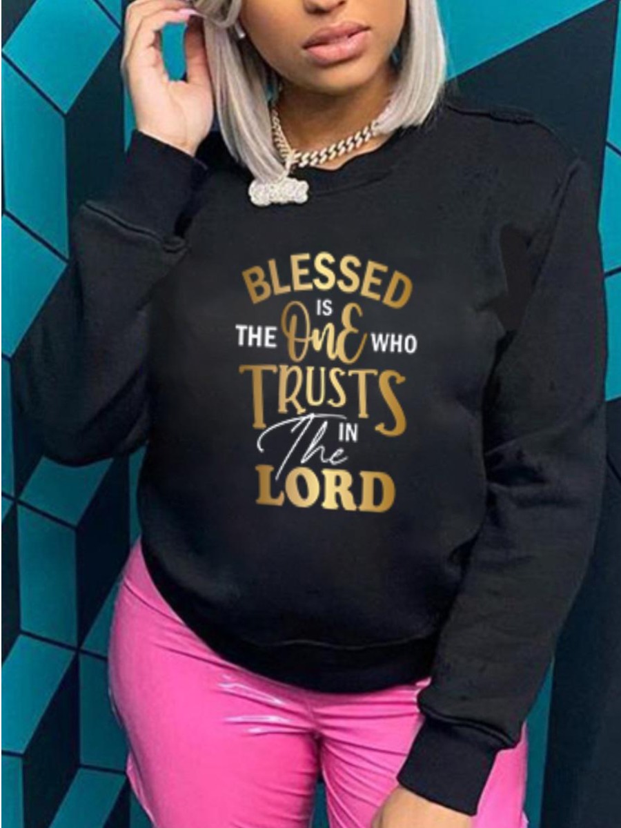 

LW Round Neck Letter Print Sweatshirt, Black